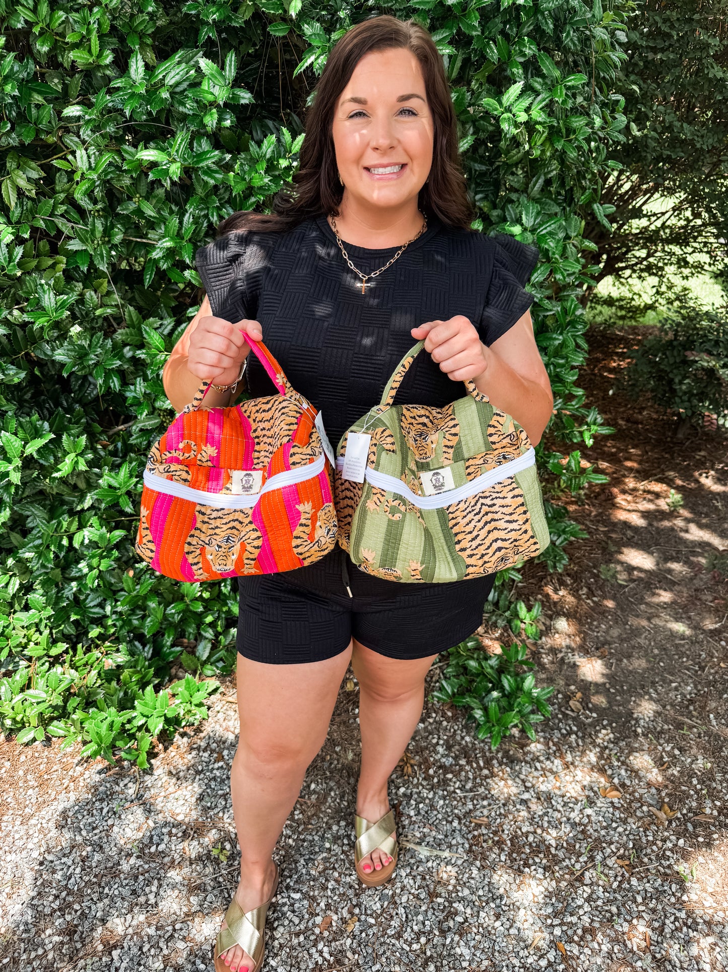 Pink/Orange Tiger Quilted Cosmetic Bag Set