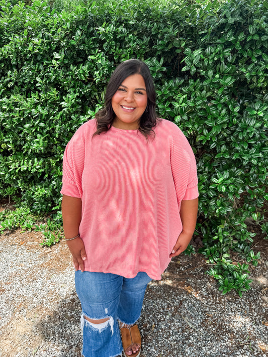 Curvy Coral Relaxed Ribbed Top