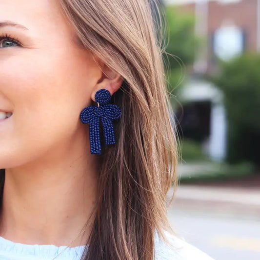 Navy Beaded Bow Earrings