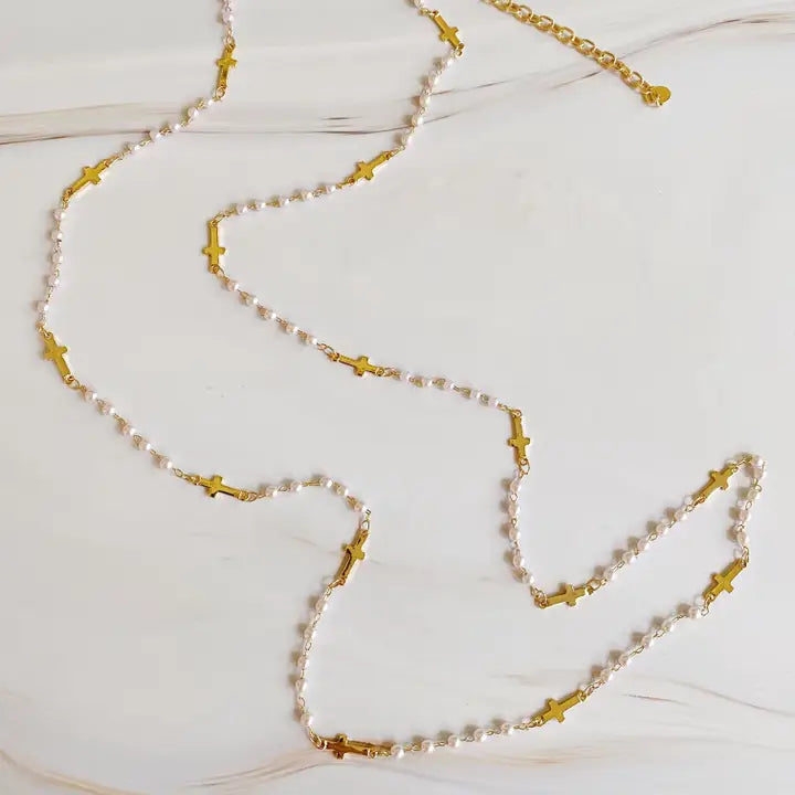 Pearls and Crosses Long Necklace