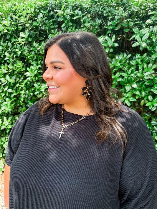 Black Beaded Petal Earrings