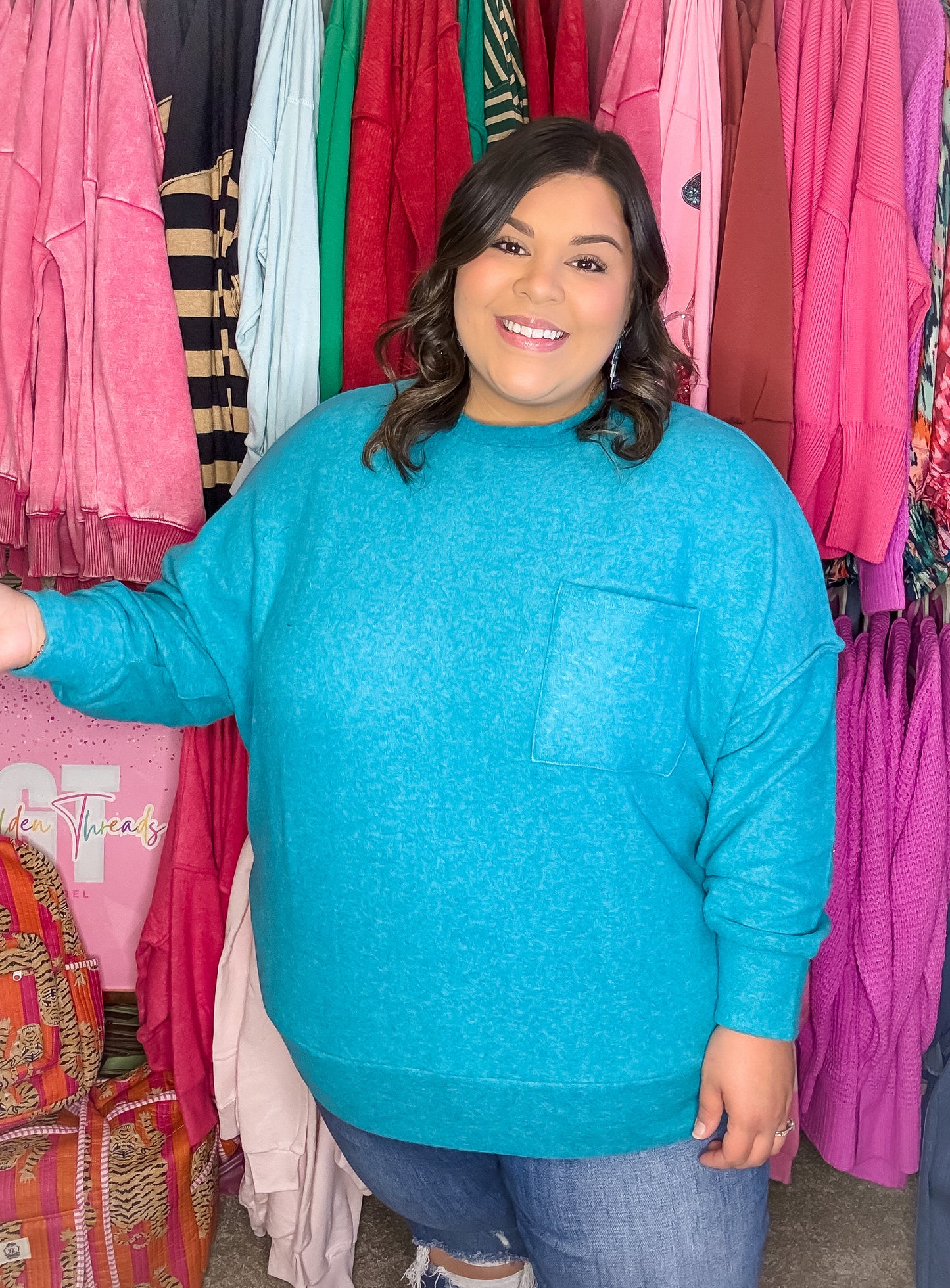 Curvy Go Teal It On The Mountain Sweater