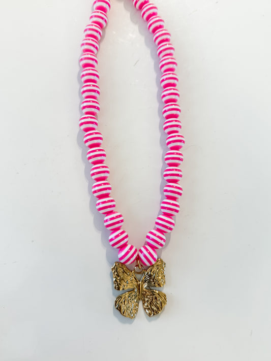 Hart Designs | Pink Striped Butterfly Necklace