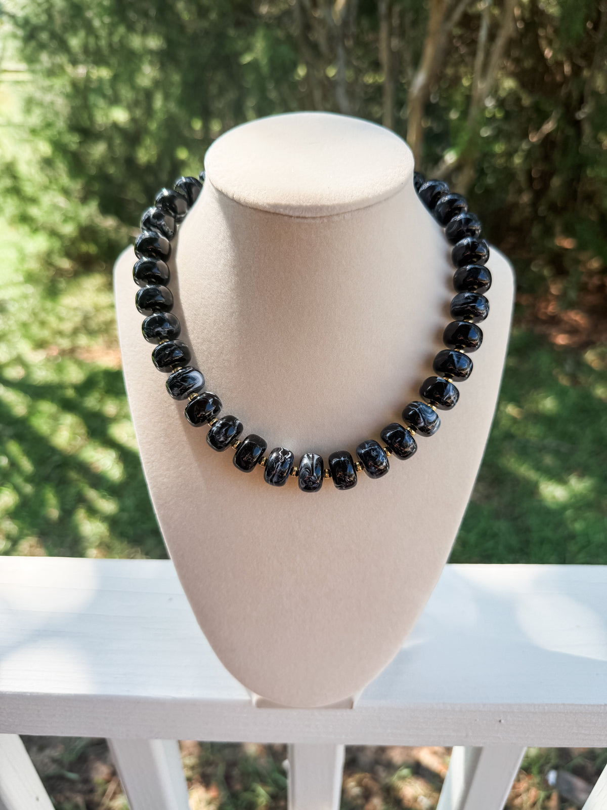 Black Marbled Beaded Necklace