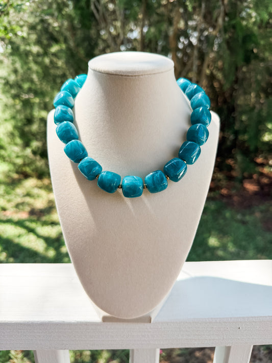 Teal Square Beaded Necklace
