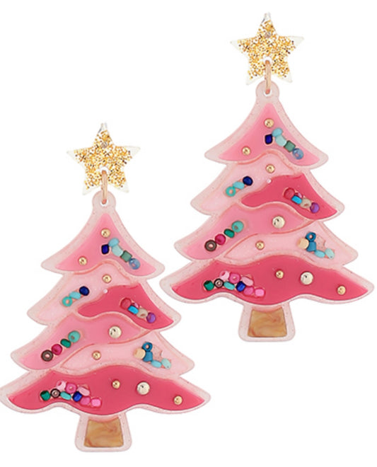 Festive Christmas Tree Earrings in Pink