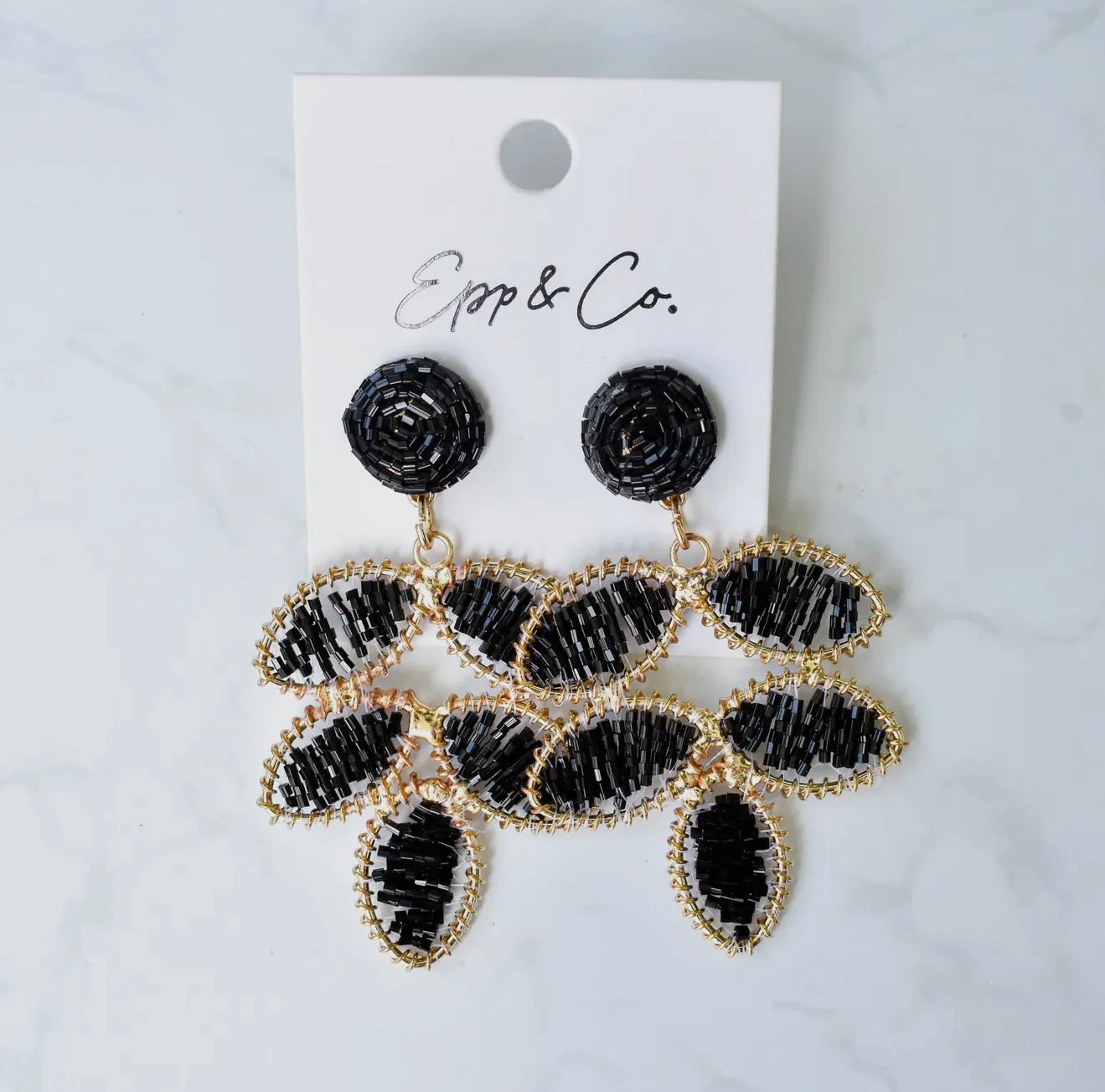 Black Beaded Petal Earrings